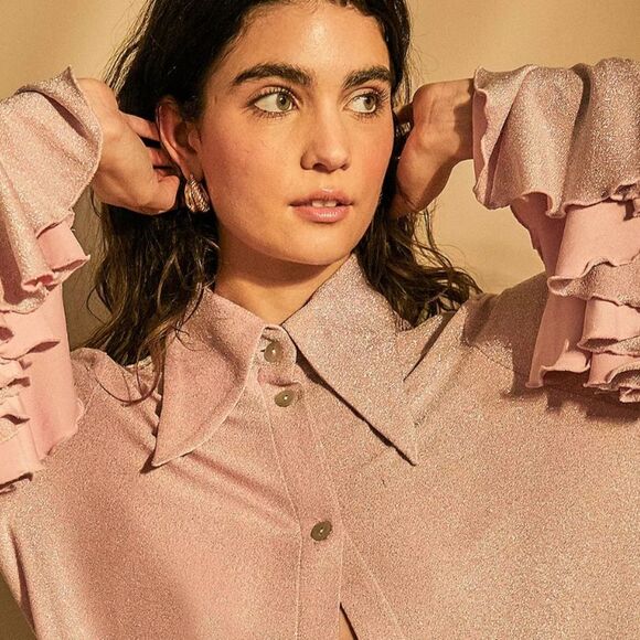 Sleeper Cosmos Lounge Suit M Top and S Pants Flared Pink Glitter Shimmer $350 - Picture 6 of 15